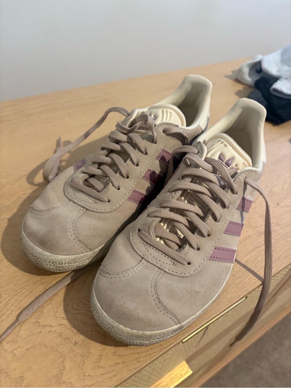 adidas Women’s Taupe Suede Sneakers with Mauve Stripes
